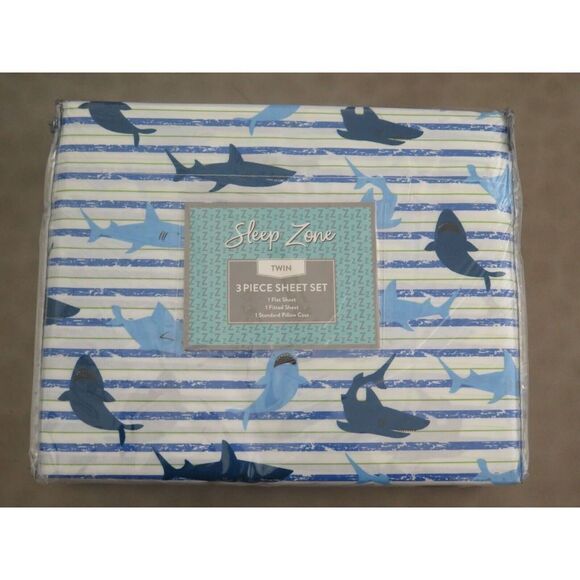 Sleep Zone Ocean Life SHARKS Blue White Striped 3 Pc Twin Sheet Set NEW $68 - Picture 3 of 4